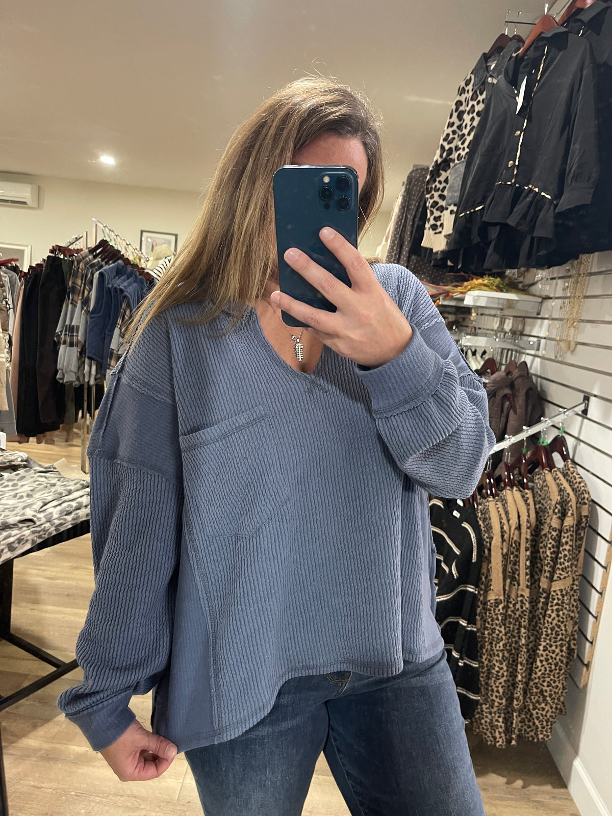 DENIM BLUE TEXTURED LOOSE FIT V NECK KNIT TOP