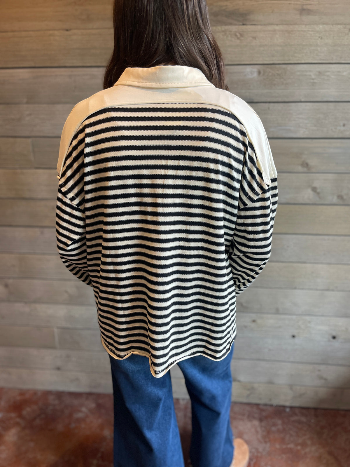 BLACK LOOSE FIT STRIPED LONG SLEEVE TOP