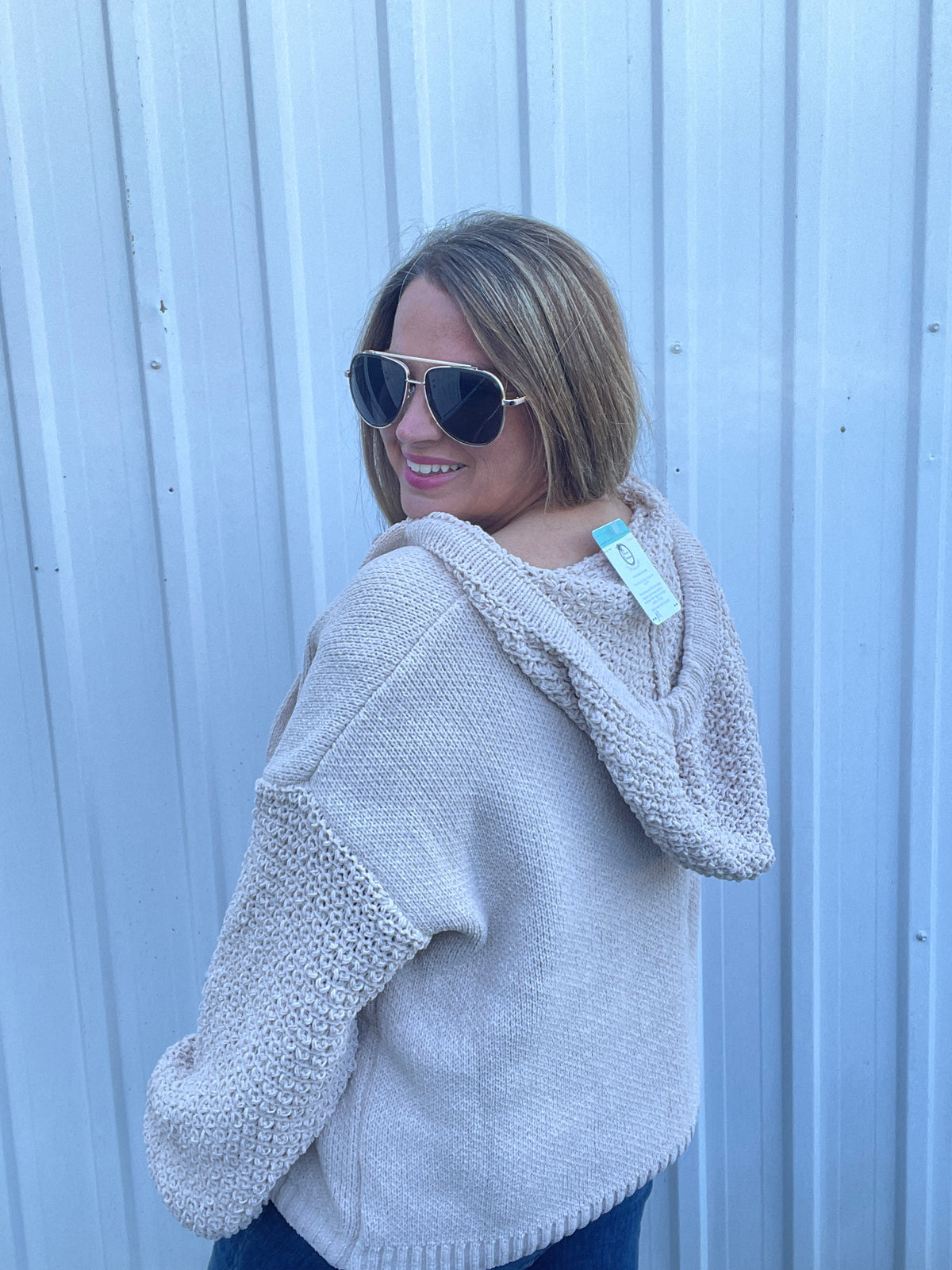 BEIGE BUTTON DOWN HOODED OVERSIZED SWEATER WITH KNITED SLEEVES