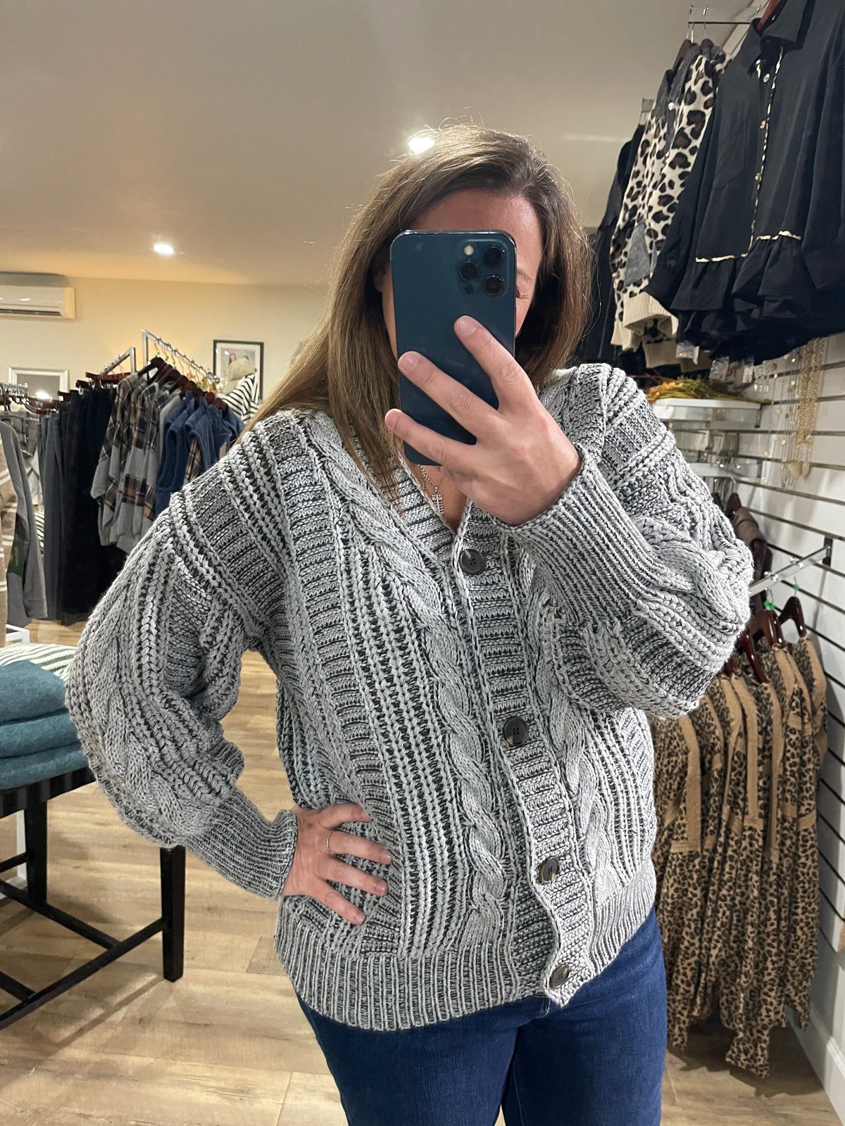 GREY V Neck Button Down Oversized Loose Fit Long Sleeve Two Tone Cable Chunky Sweater