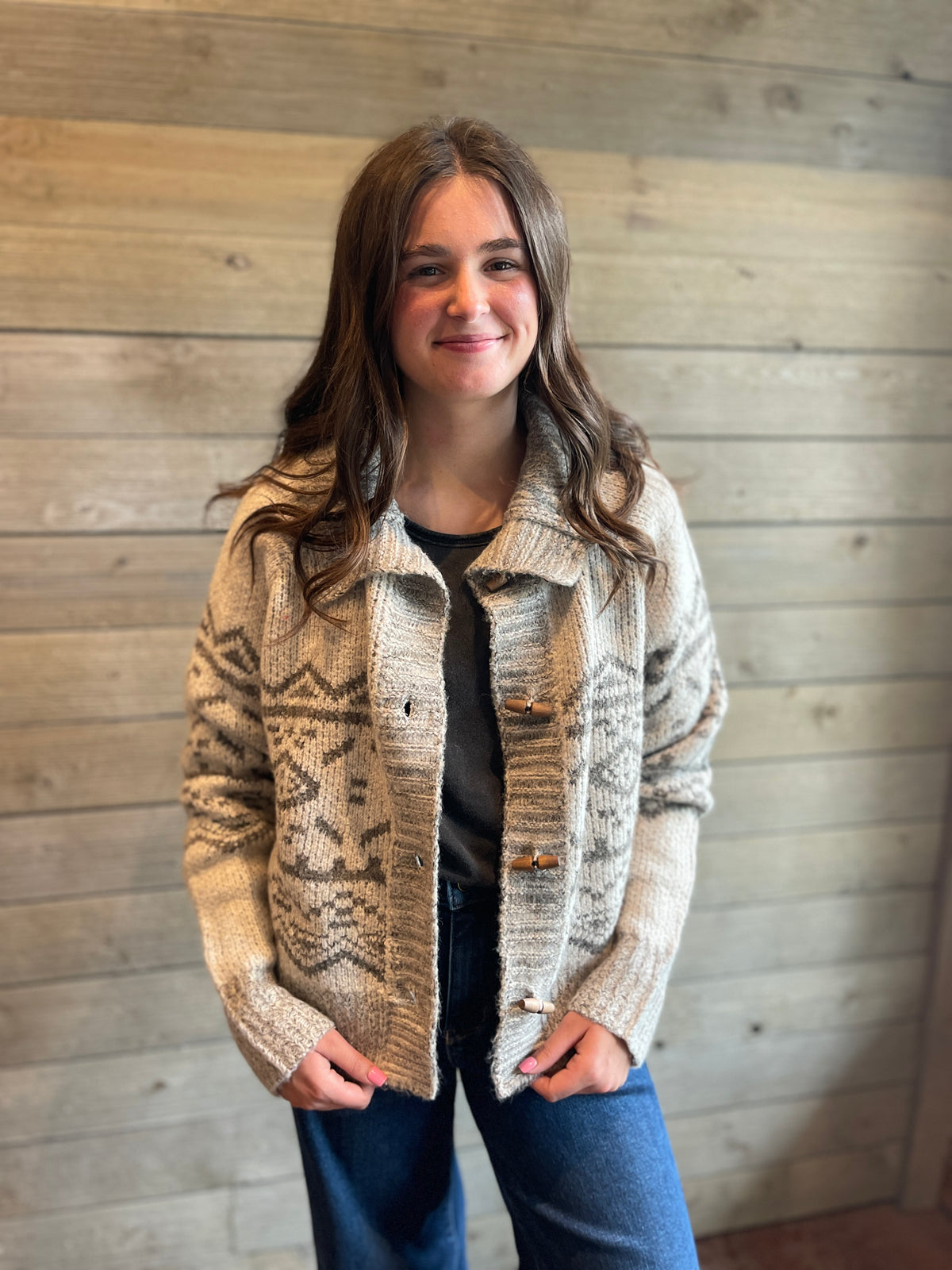 LIGHT TAUPE PRINTED BUTTON CARDIGAN/SWEATER WITH LAY DOWN COLLAR