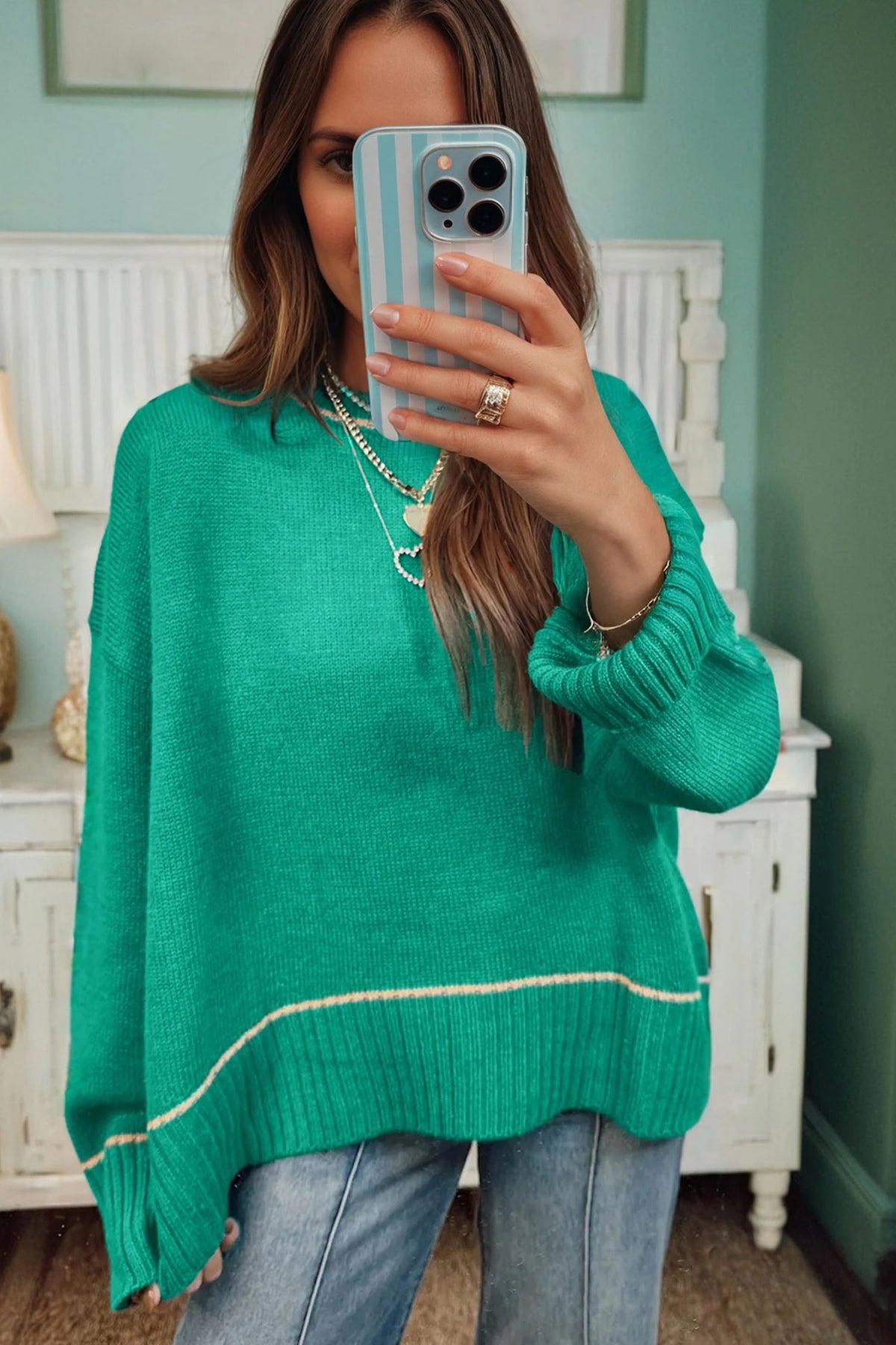 TEAL CONTRAST DROP SHOULDER LIGHT WEIGHT SWEATER