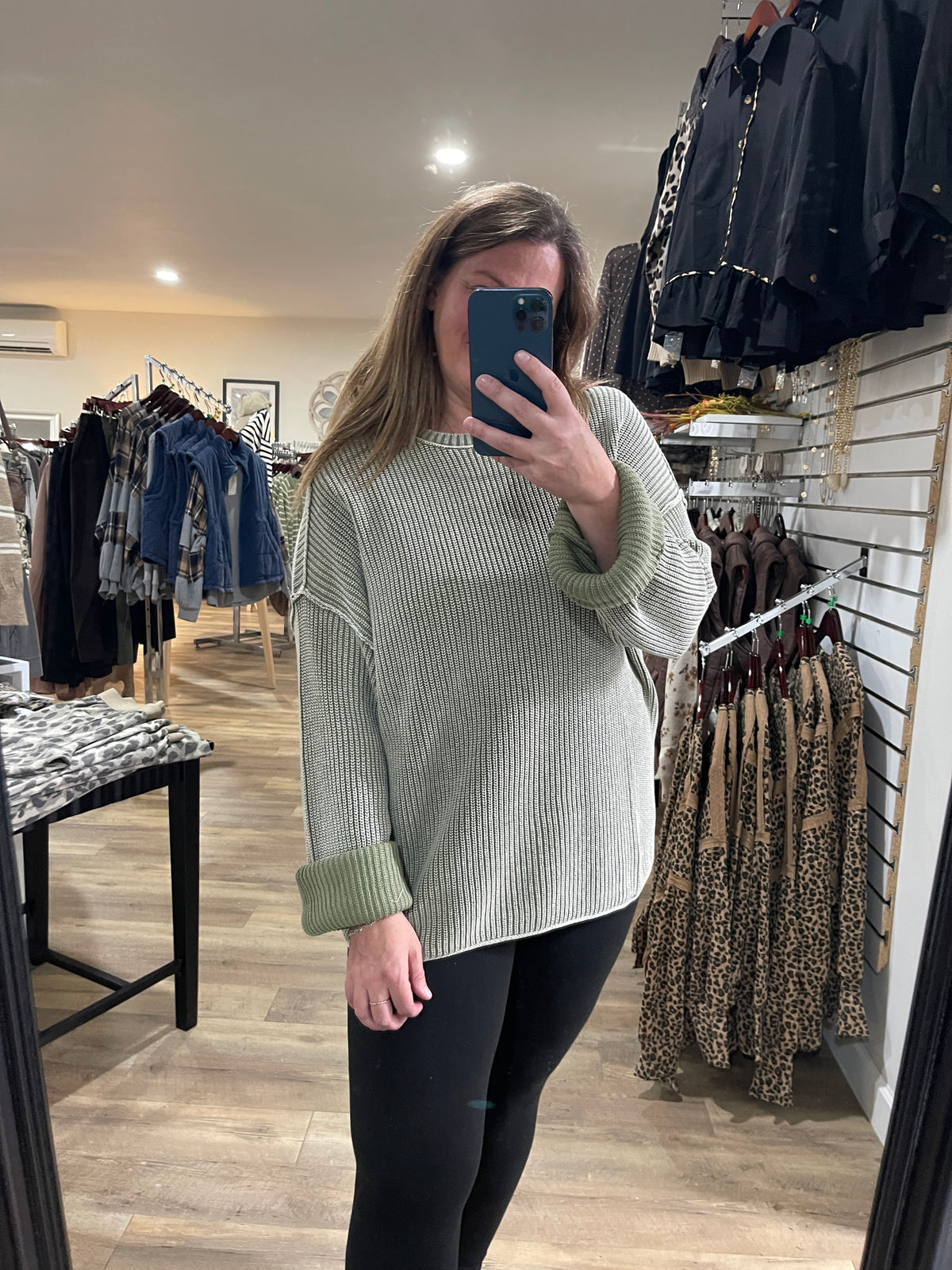 Light Olive Washed Ribbed Long Sleeve Folded Cuff Knit Sweater