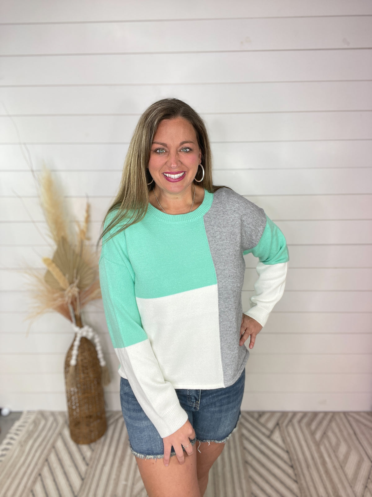 MINT/WHITE/GREY COLORBLOCK SWEATER