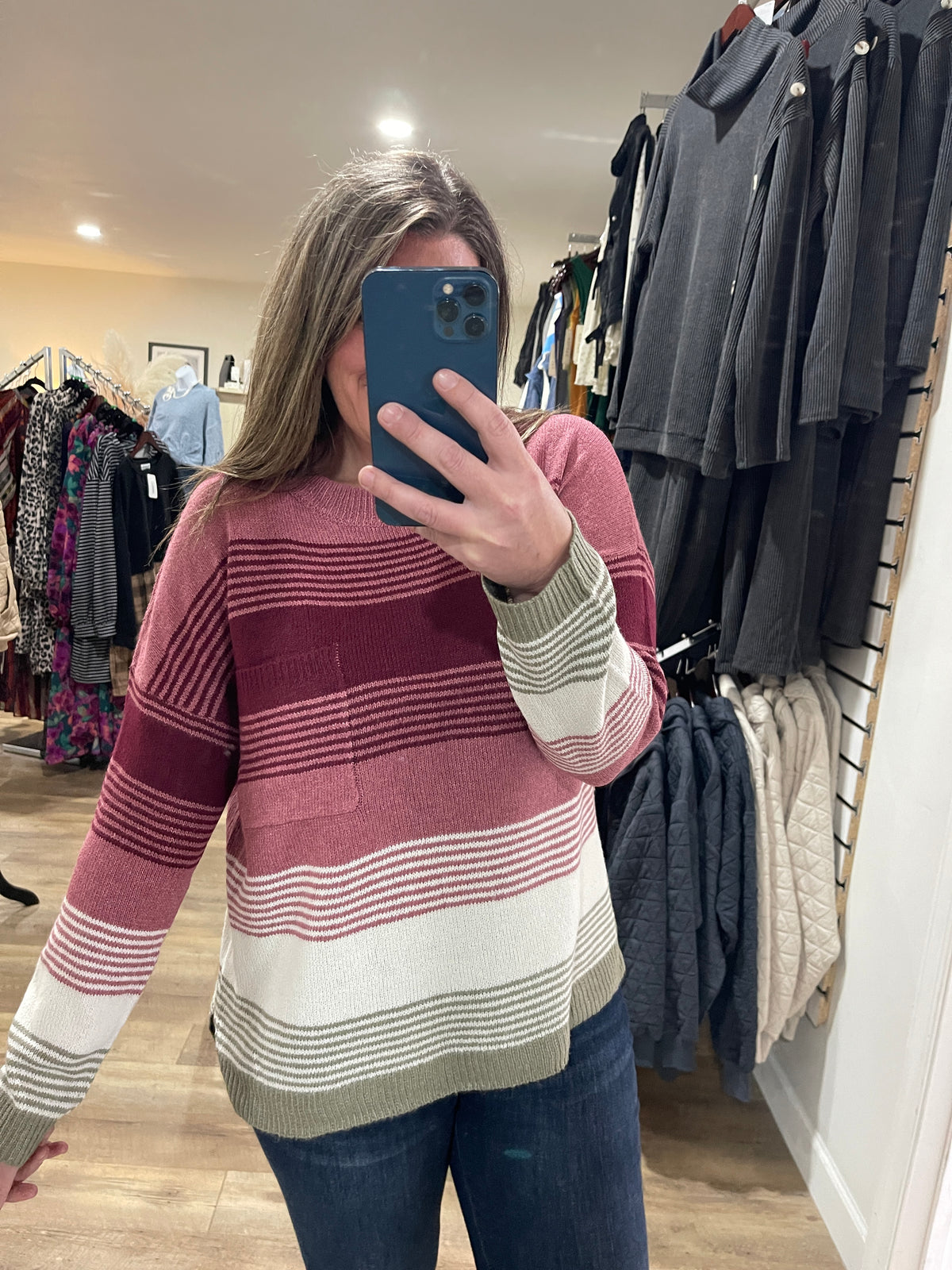 ROSE/BURGUNDY MULTI COLOR STRIPED PULLOVER LIGTH WEIGHT SWEATER