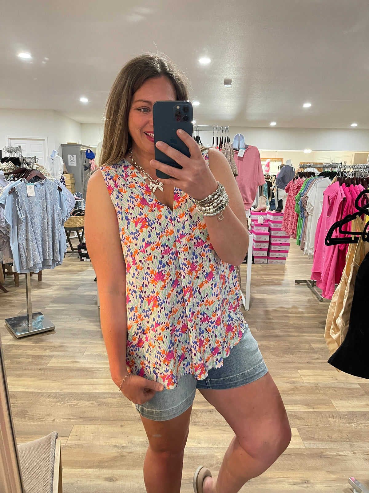 PINK/ORANGE SLEEVELESS FLORAL WOVEN TOP- FINAL SALE