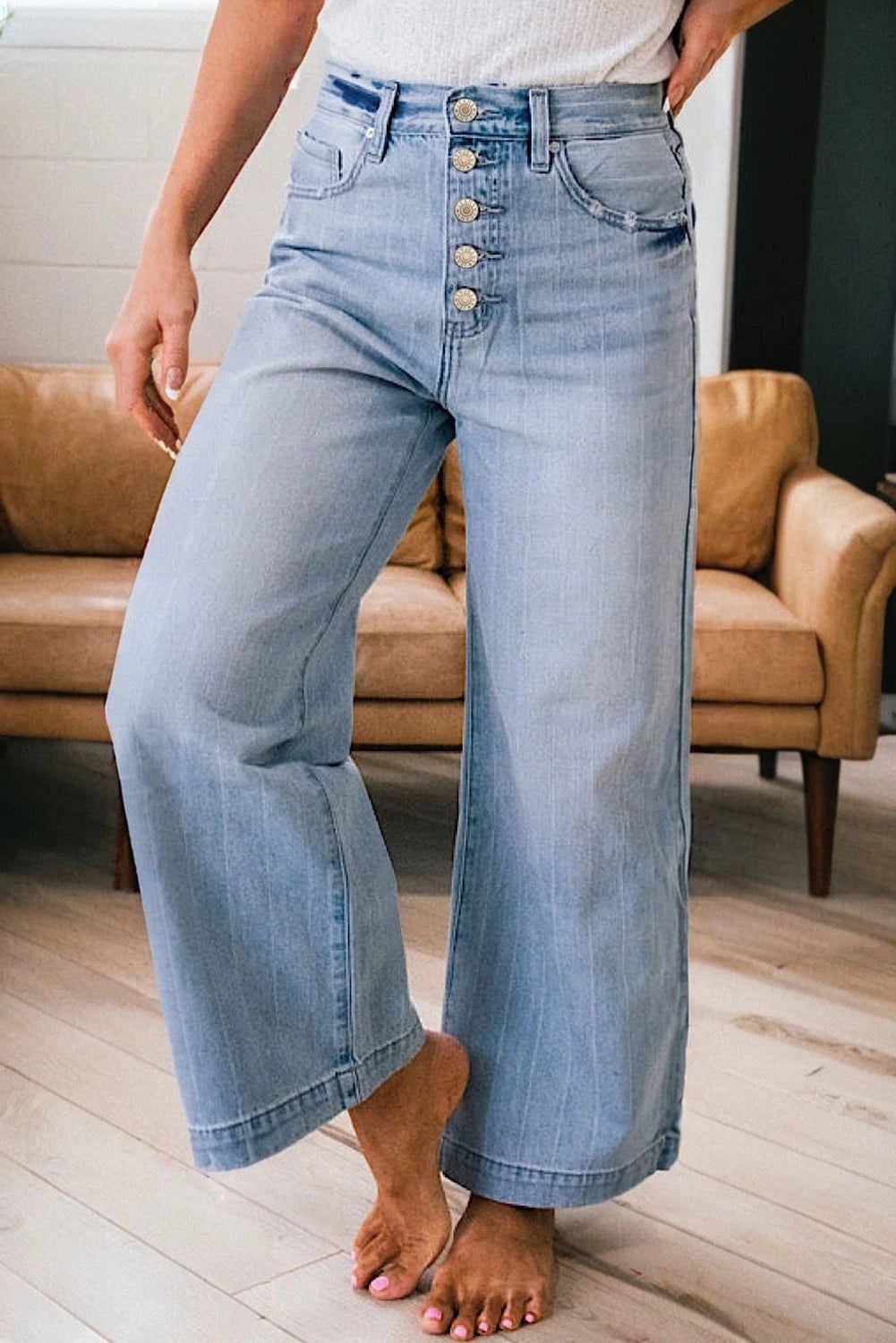 LIGHT DENIM PIN STRIPE MULTI BUTTON WIDE LEG JEANS