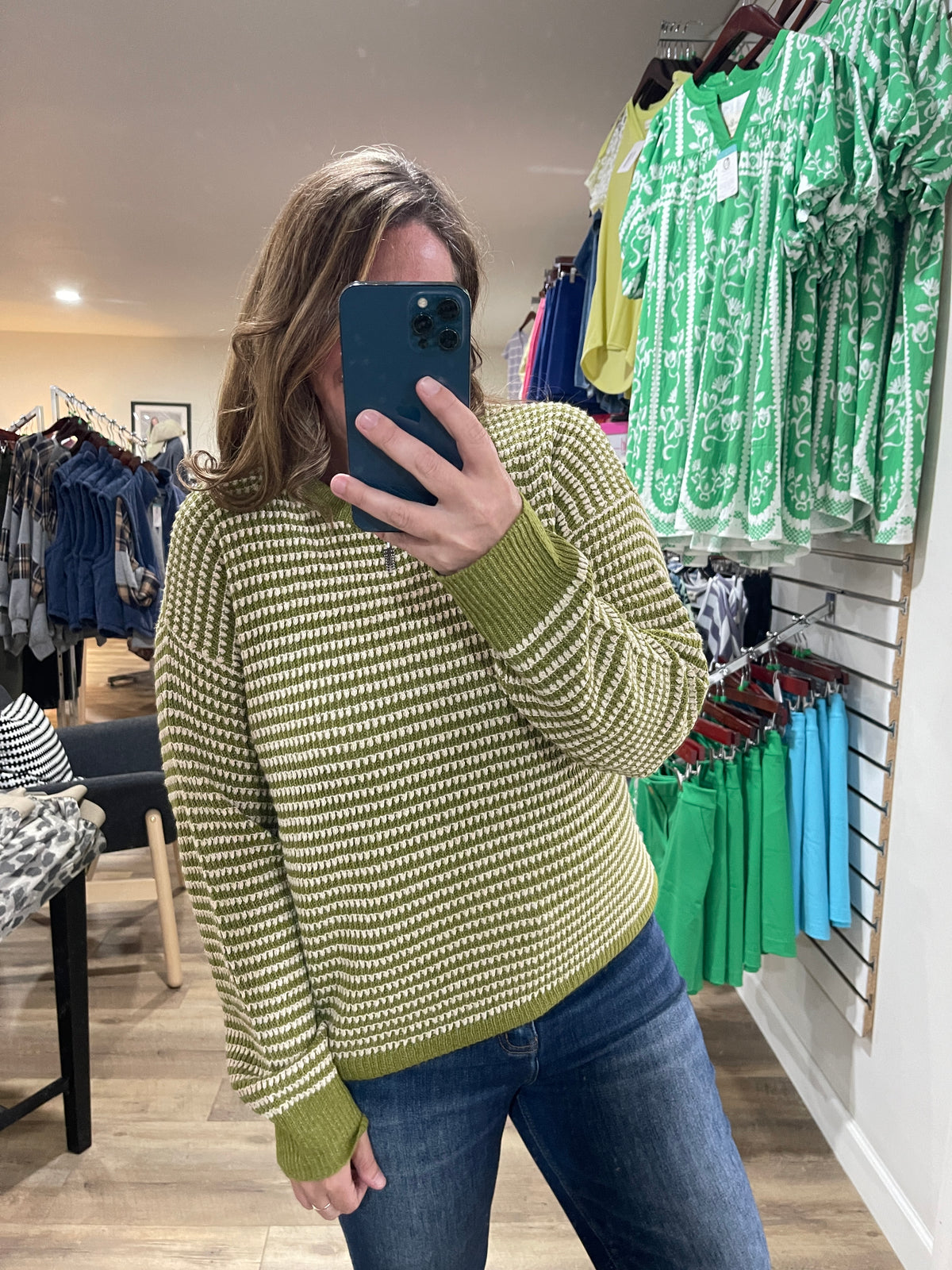 GREEN Color Trimmed Long Sleeve 2 Tone Waffle Striped Crew Neck Pullover Sweater