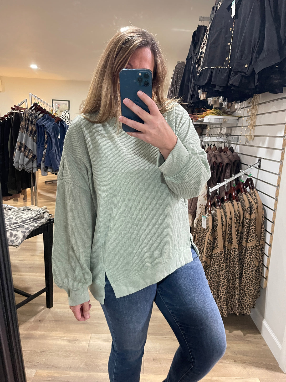 SAGE KNIT LONG SLEEVE TOP W/ FRONT SLIT