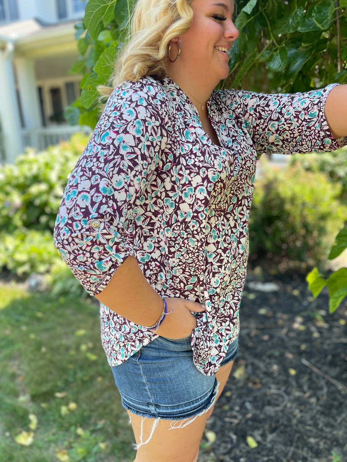 WINE/EMERALD FLORAL LIZZY TOP