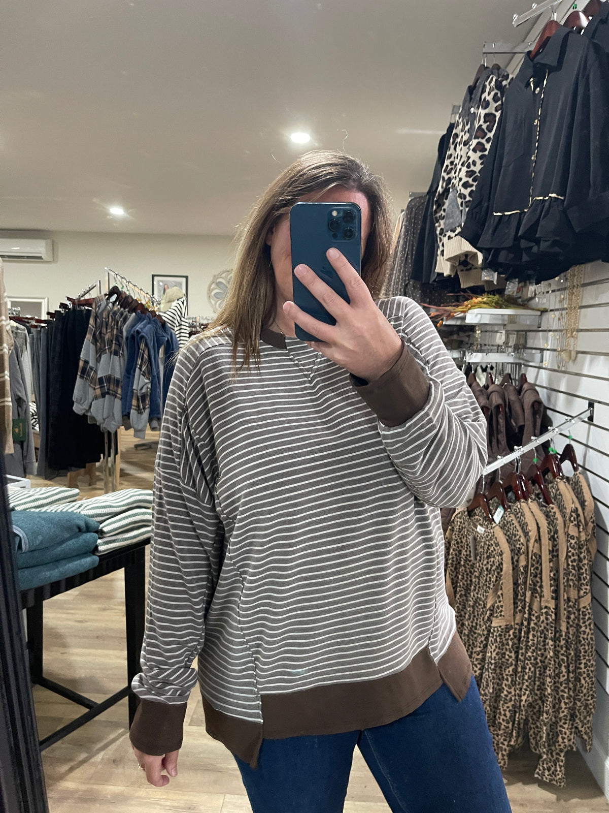 BROWN Drop Shoulder Long Sleeve Loose Fit Yarn Dye Stripe Knit Top With Ribbed trim