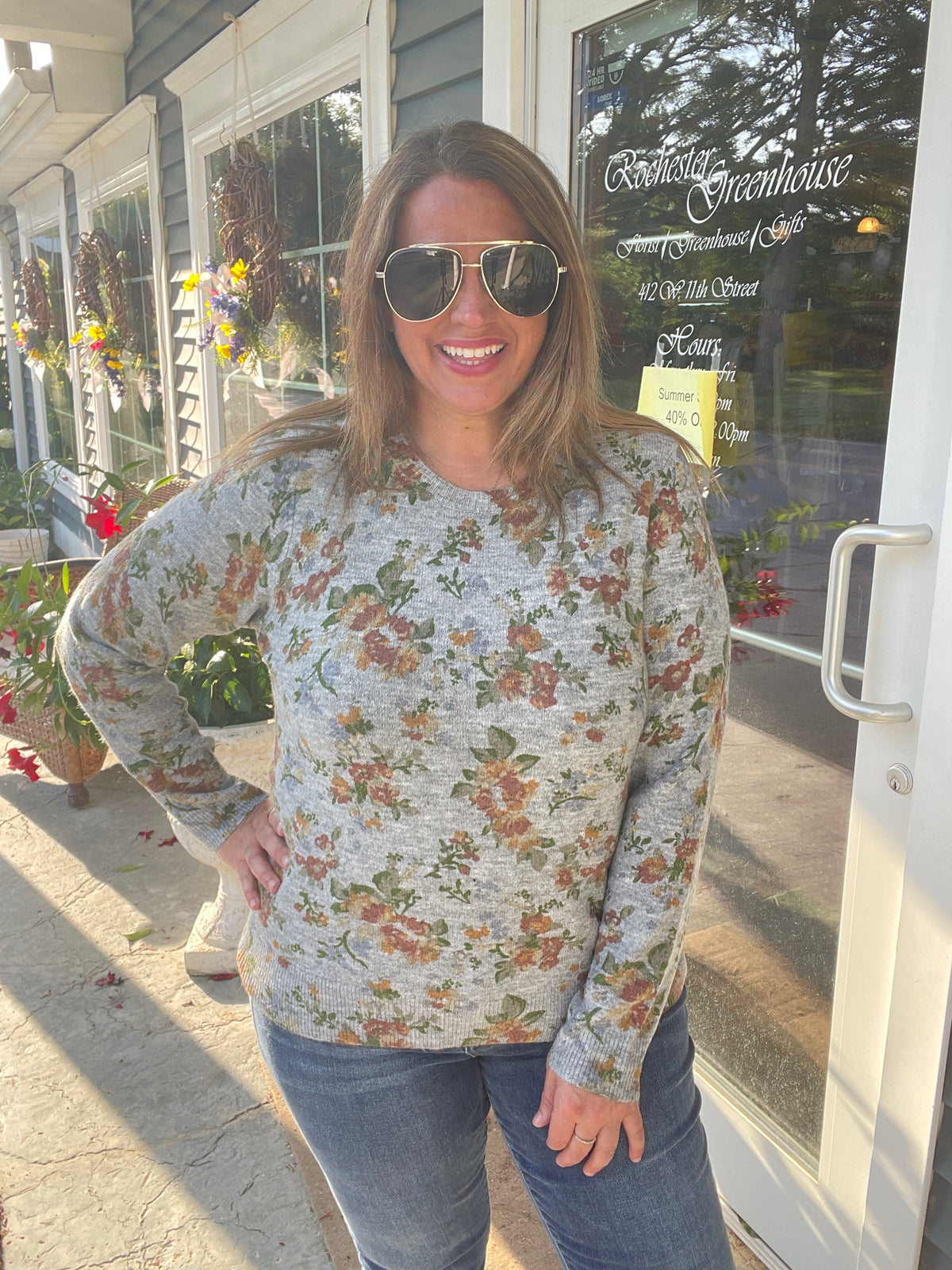 GREY Floral Printed, Long Sleeve, Super Soft, Crew Neck SWEATER