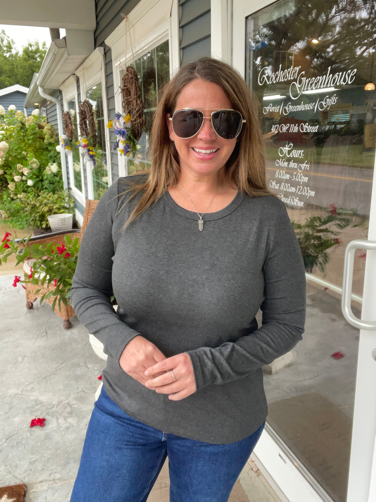 Charcoal Crew Neck, Long Sleeve, Heavy Rayon Jersey, Solid Basic Knit Top