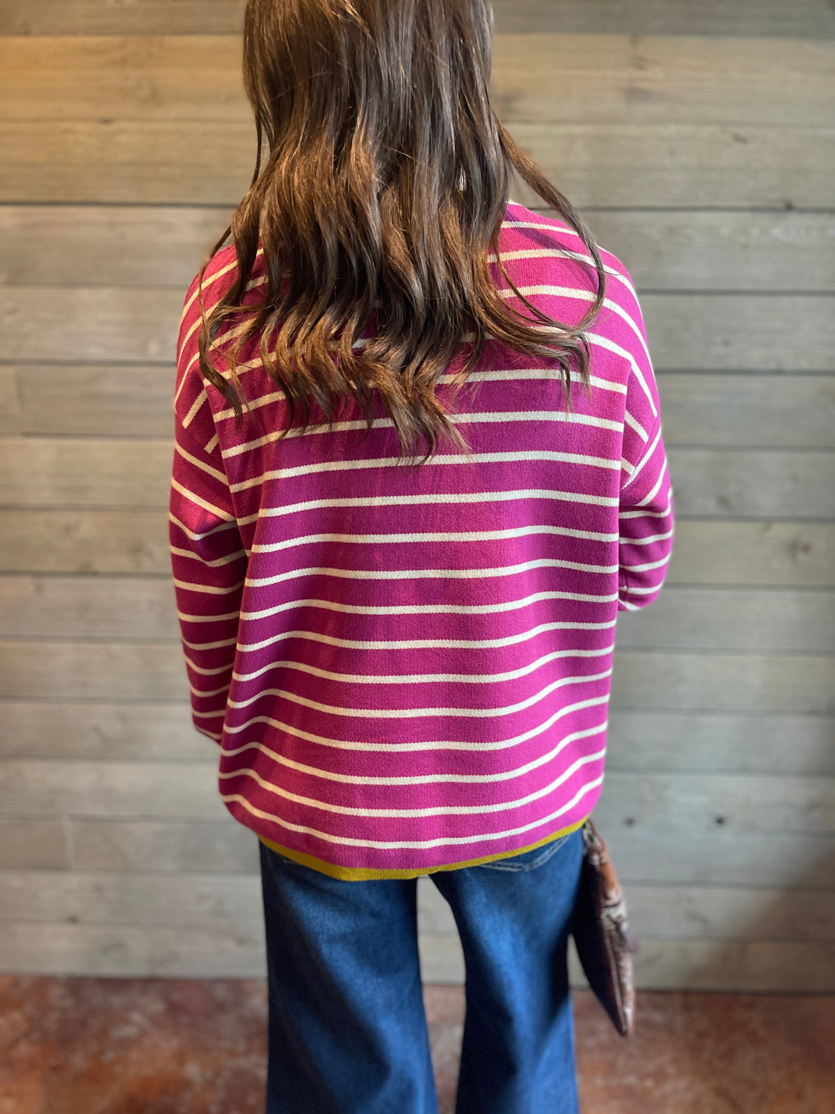 MAGENTA Color Contrast Crew Neck Long Sleeve Striped Sweater
