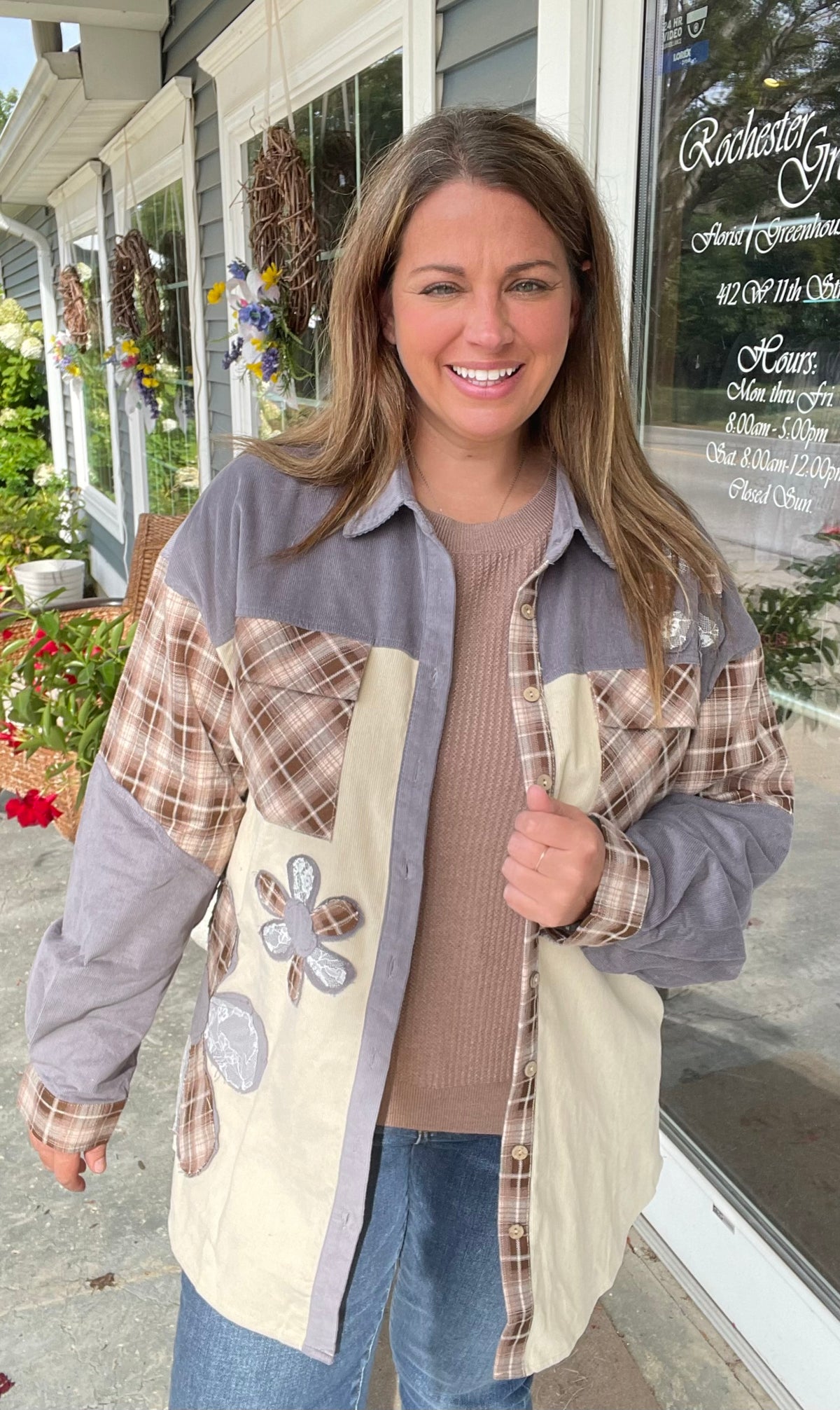 WARM BEIGE CORDED BUTTON UP W/ COLORBLOCK AND FLORAL ACCENTS
