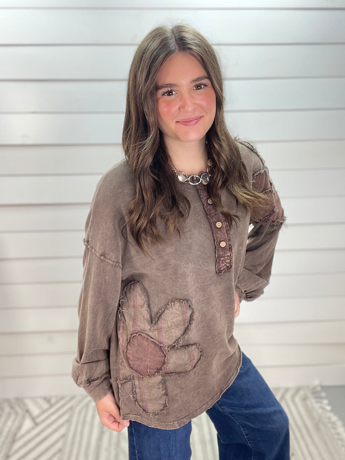 ASH OAK Mineral Washed Flannel Daisy Henley Blouse Top