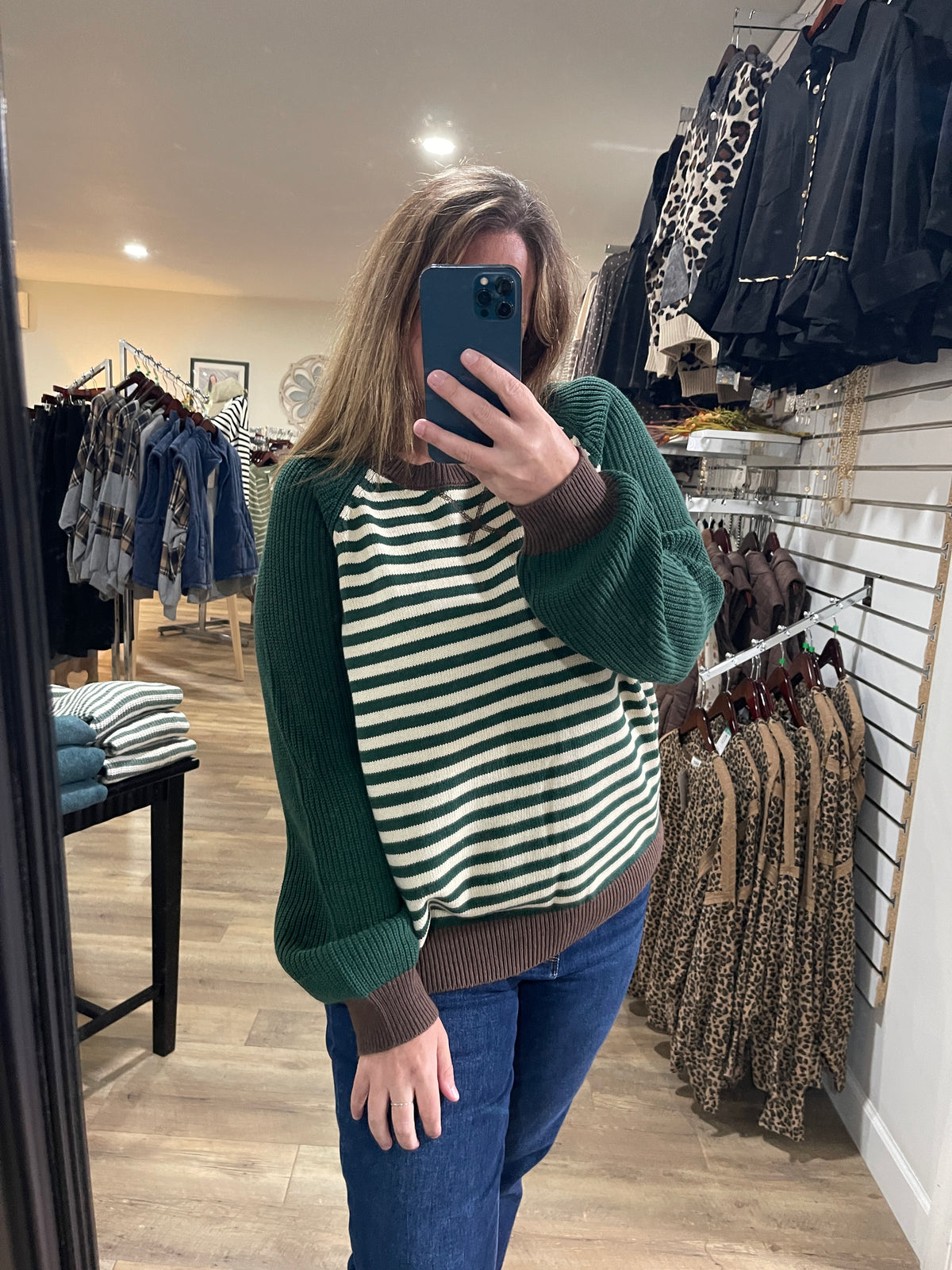 HUNTER GREEN Striped Colorblock Raglan Long Sleeve Crew Sweater