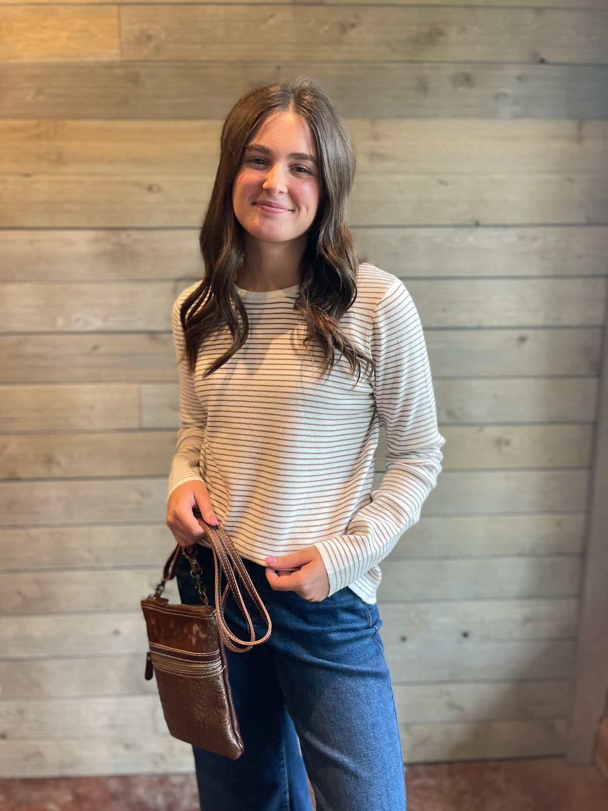 IVORY/MOCHA Long SleeveCrew Neck Pinstriped Sweater