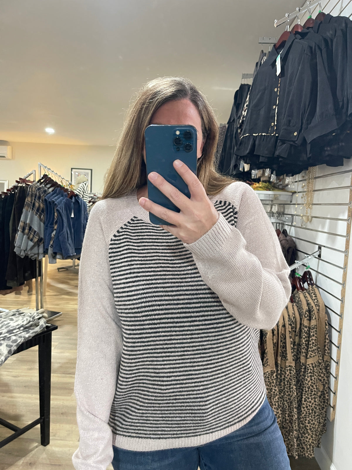 TAUPE Baseball, Long Sleeve, Color Blocked, Pinstriped Crewneck Sweater