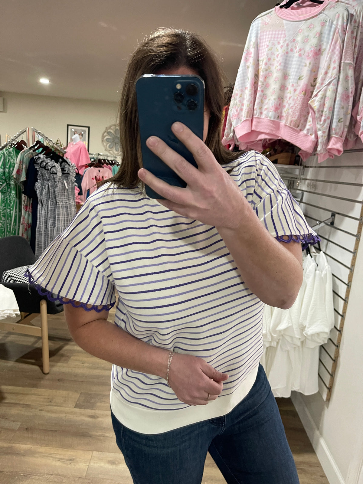 PURPLE/WHITE STRIPED KNIT TOP W/ RUFFLE SLEEVES