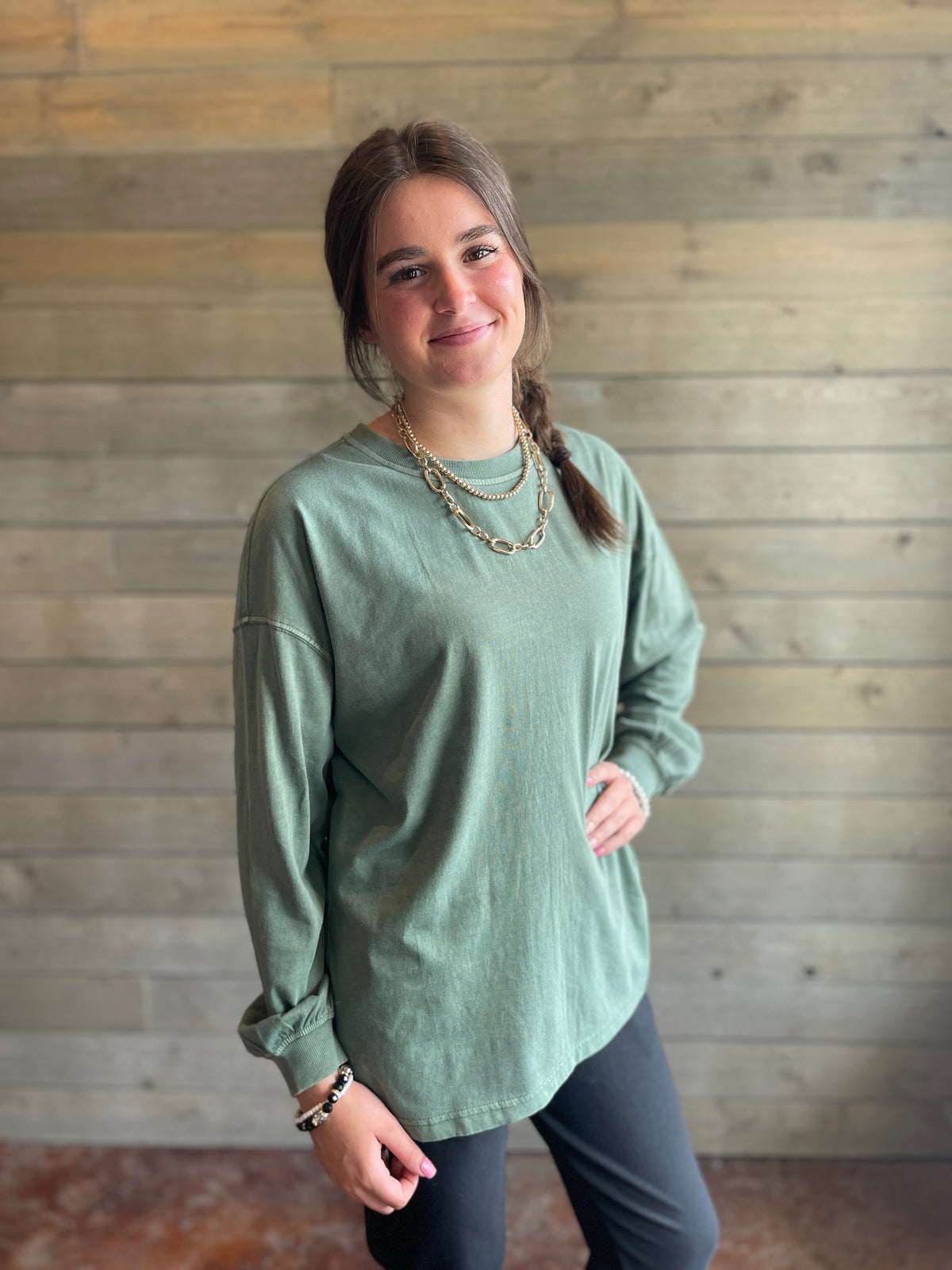 DUSTY GREEN MINERAL WASH LONG SLEEVE TOP