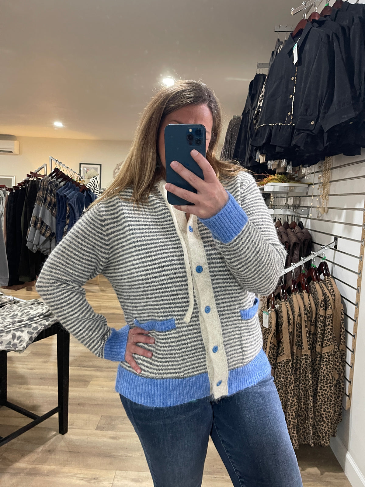 GREY/BLUE Striped, Contrast Color Accent, Hoodie, Button Down Sweater/Cardigan