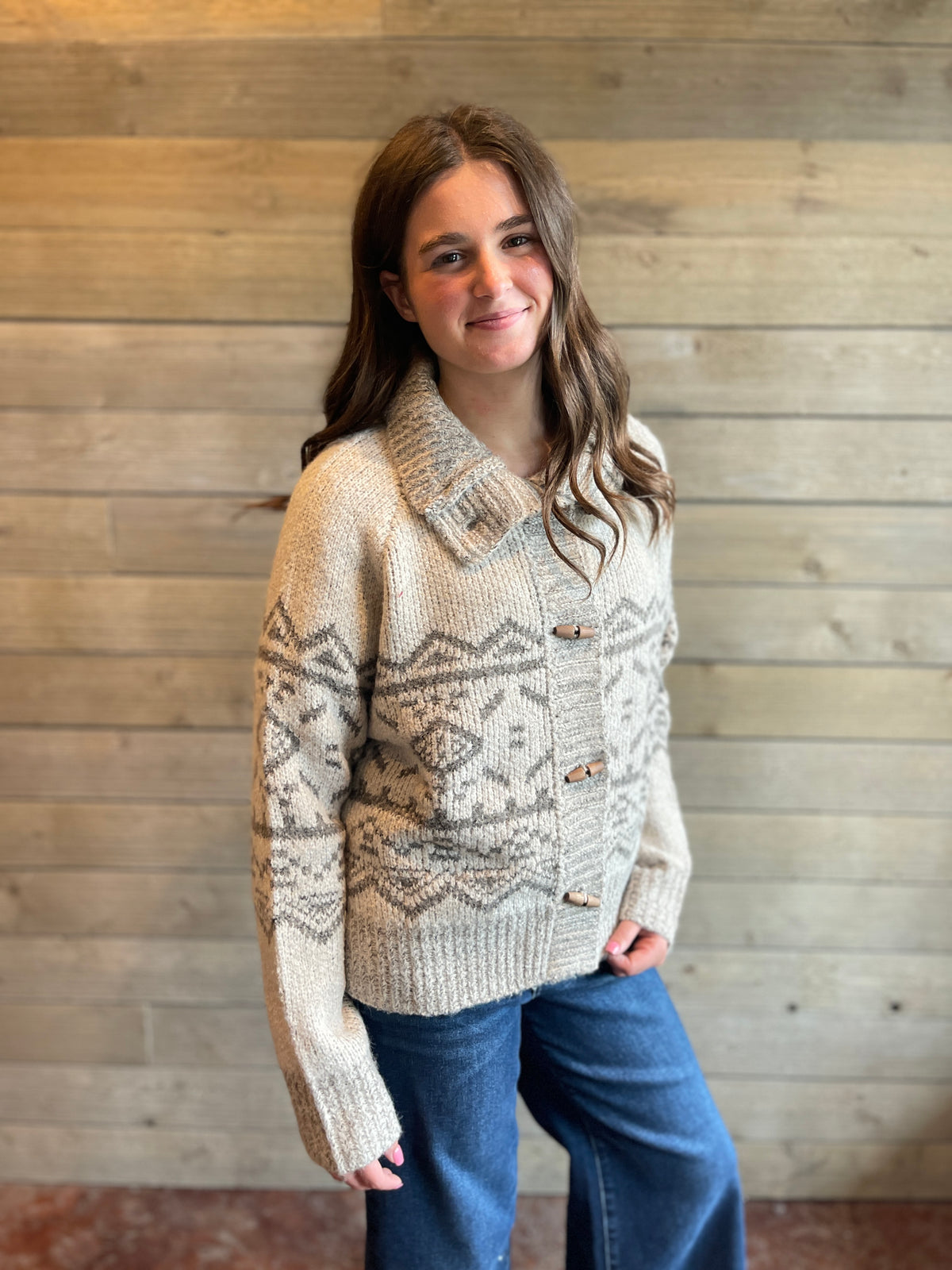 LIGHT TAUPE PRINTED BUTTON CARDIGAN/SWEATER WITH LAY DOWN COLLAR