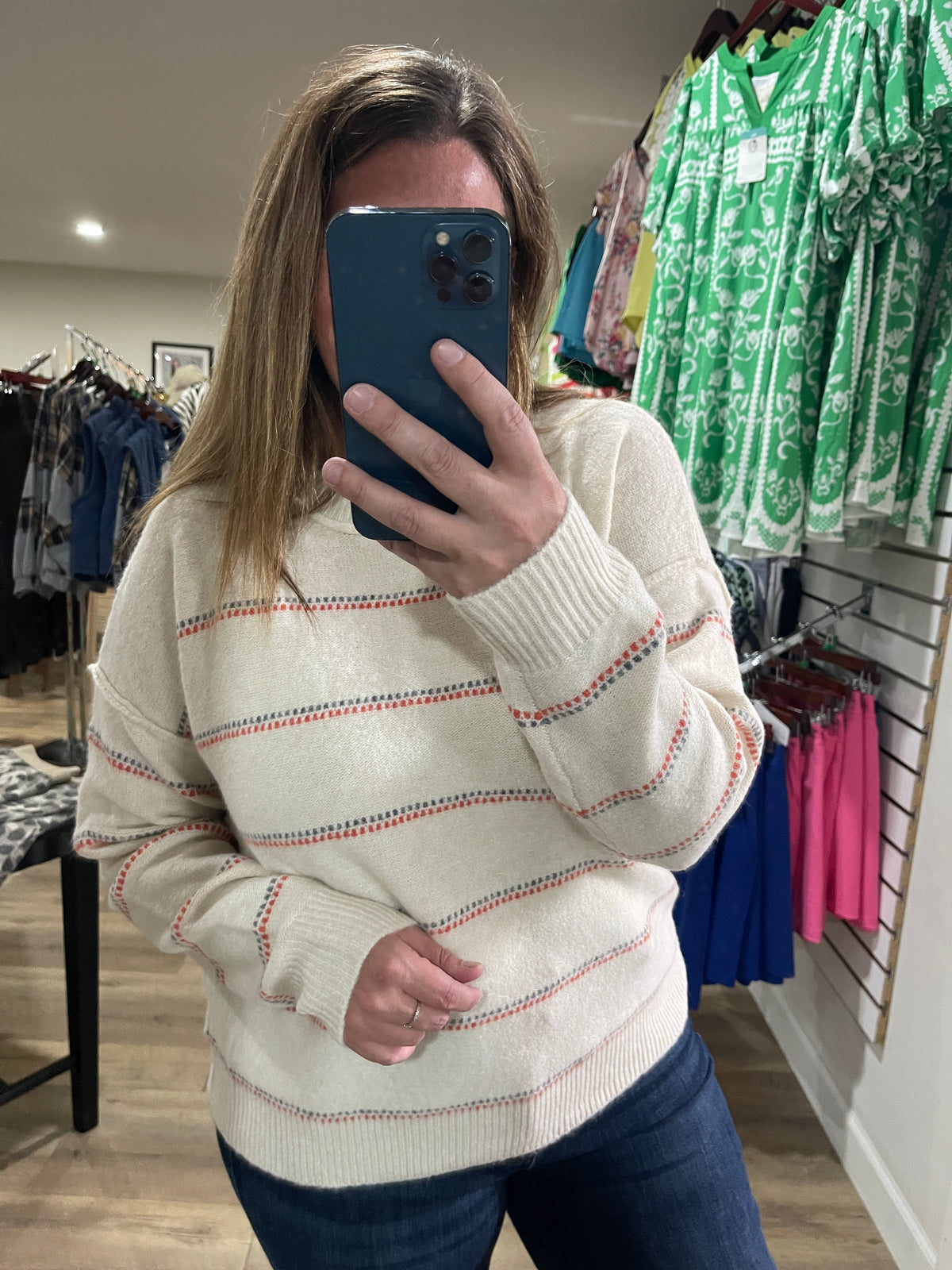 OATMEAL/ORANGE Texture Multi Striped, Crew Neck, Long Sleeve SWEATER