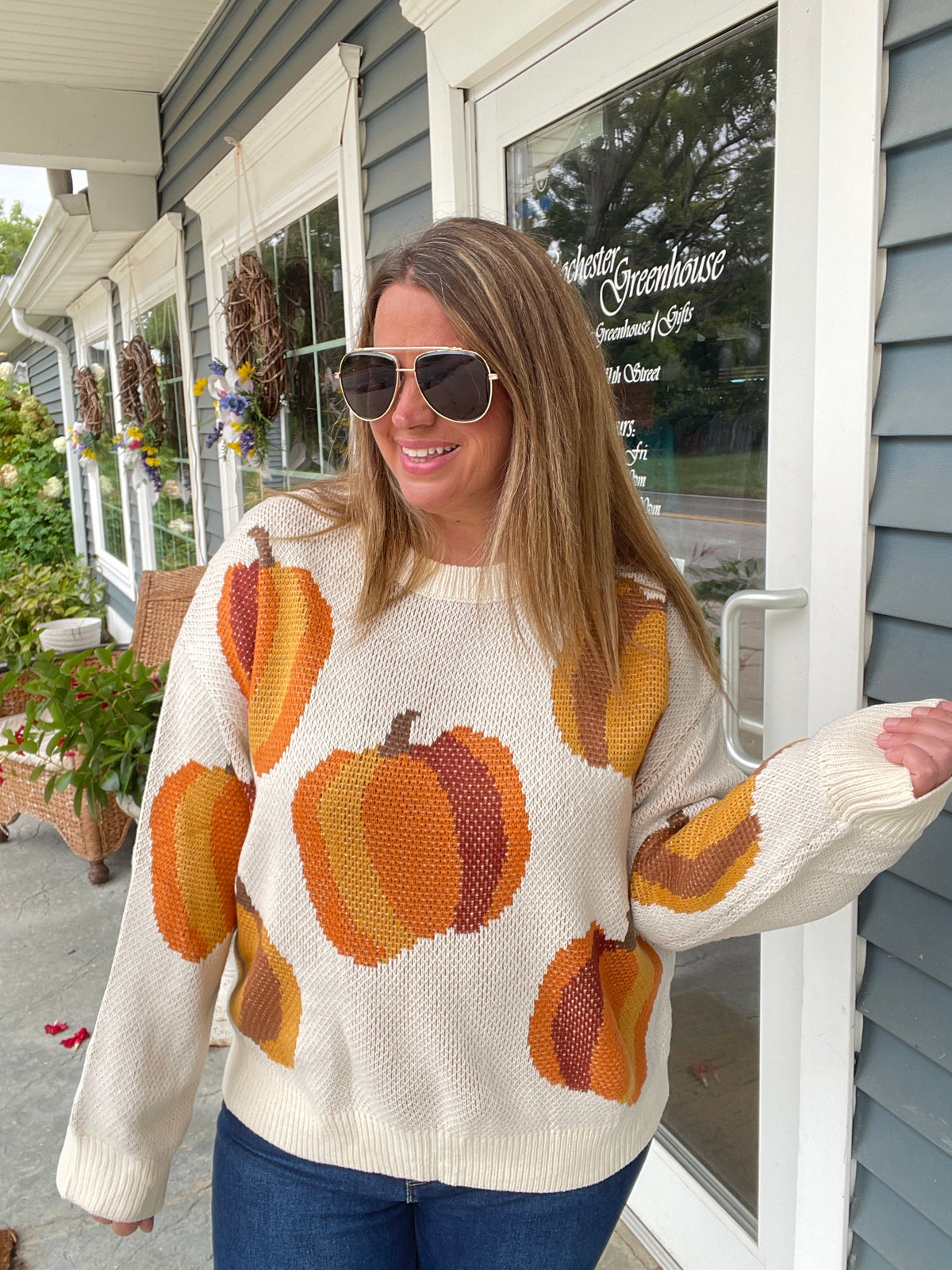 IVORY/RUST Round Neck Drop Shoulder Long Sleeve Pumpkin Jacquard Sweater Top