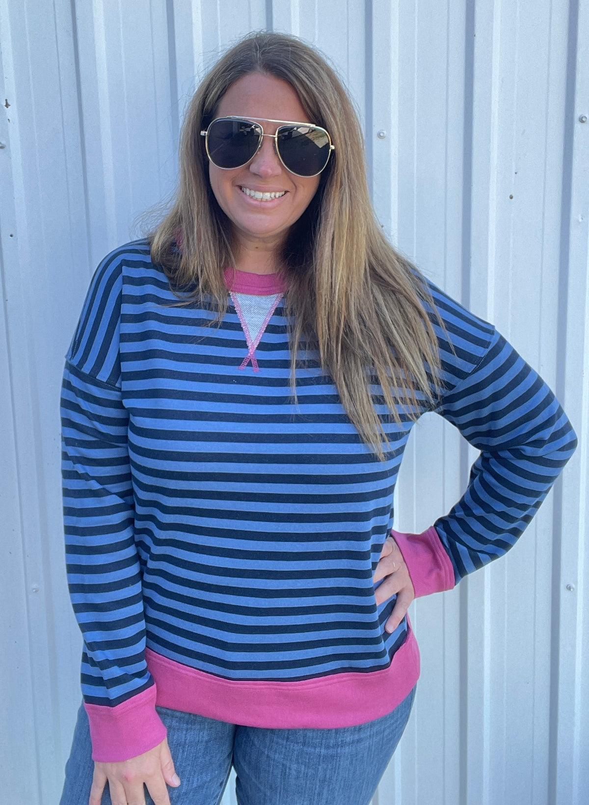 Navy/Fuschia Color Trim Banded, Long Sleeve, French Terry Pinstriped Top