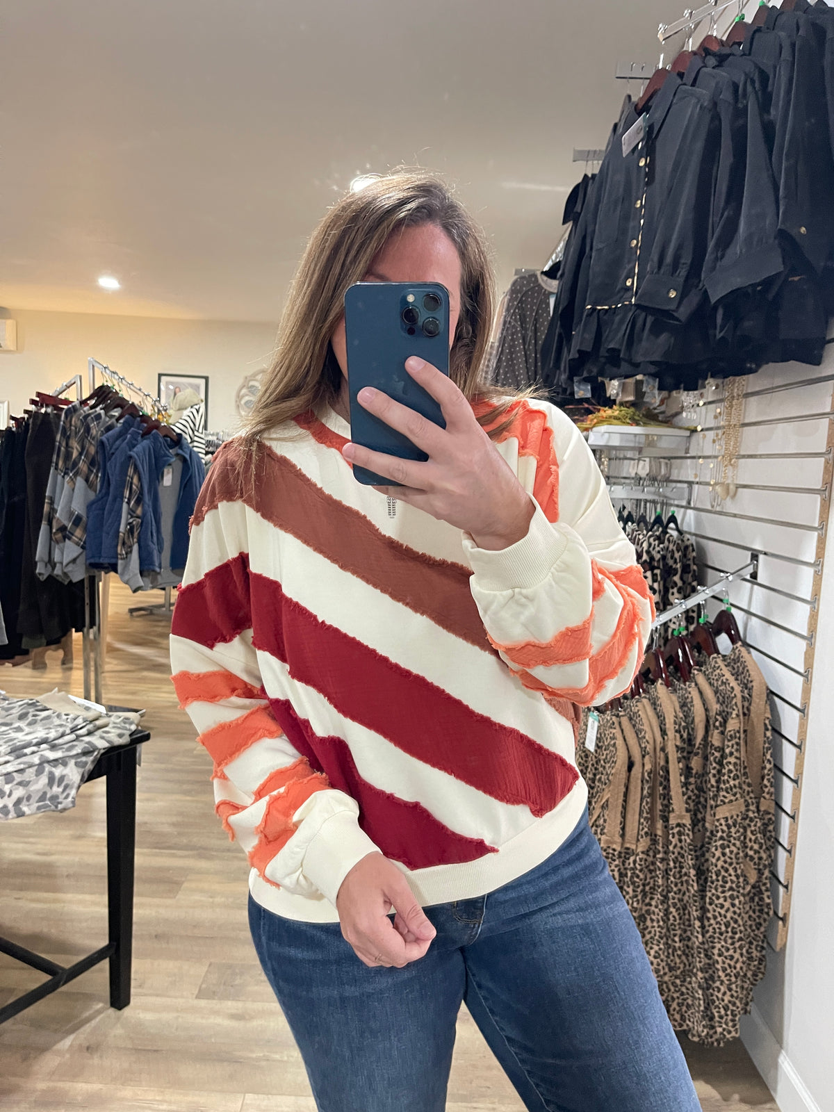 RUST MULTI STRIPED FRENCH TERRY PULLOVER
