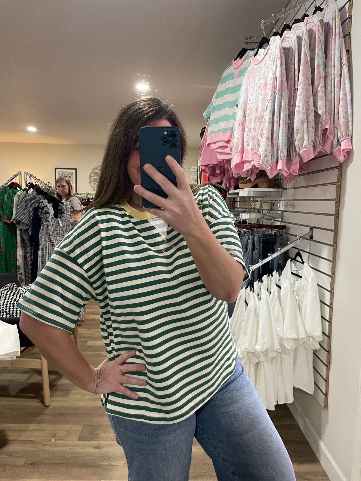 GREEN/CREAM STRIPED FRENCH TERRY KNIT TOP W/ YELLOW TRIM