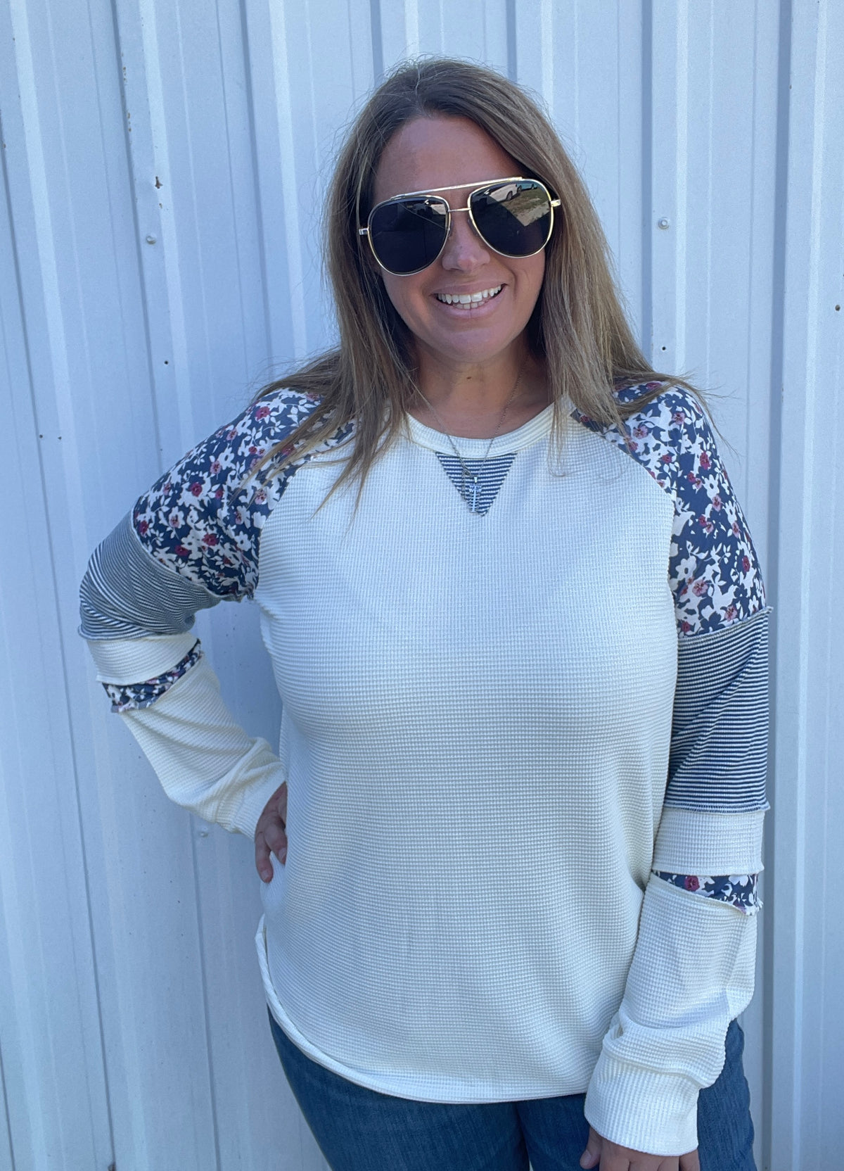 Ivory/Blue Floral Print And Stripe Blocked, Long Sleeve Waffle Top