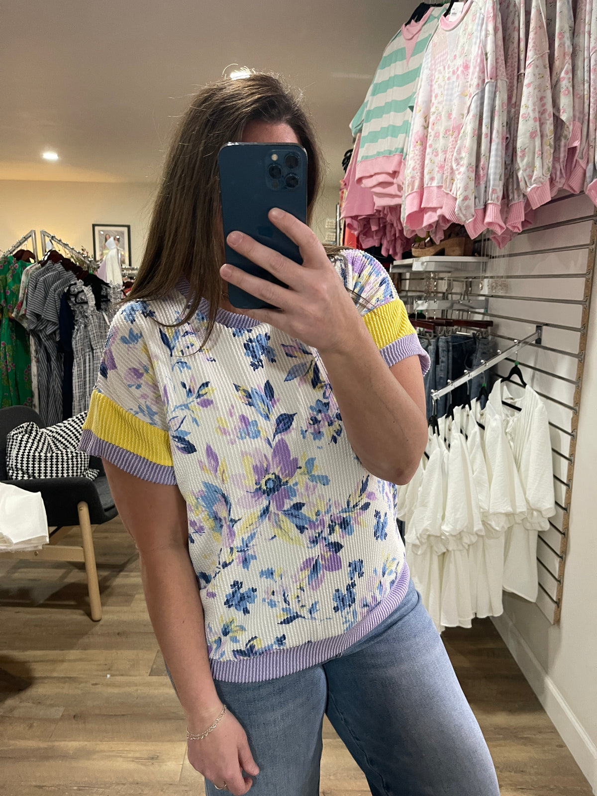 WHITE/BLUE/LAV/YELLOW FLORAL RAISED RIBBED KNIT TOP