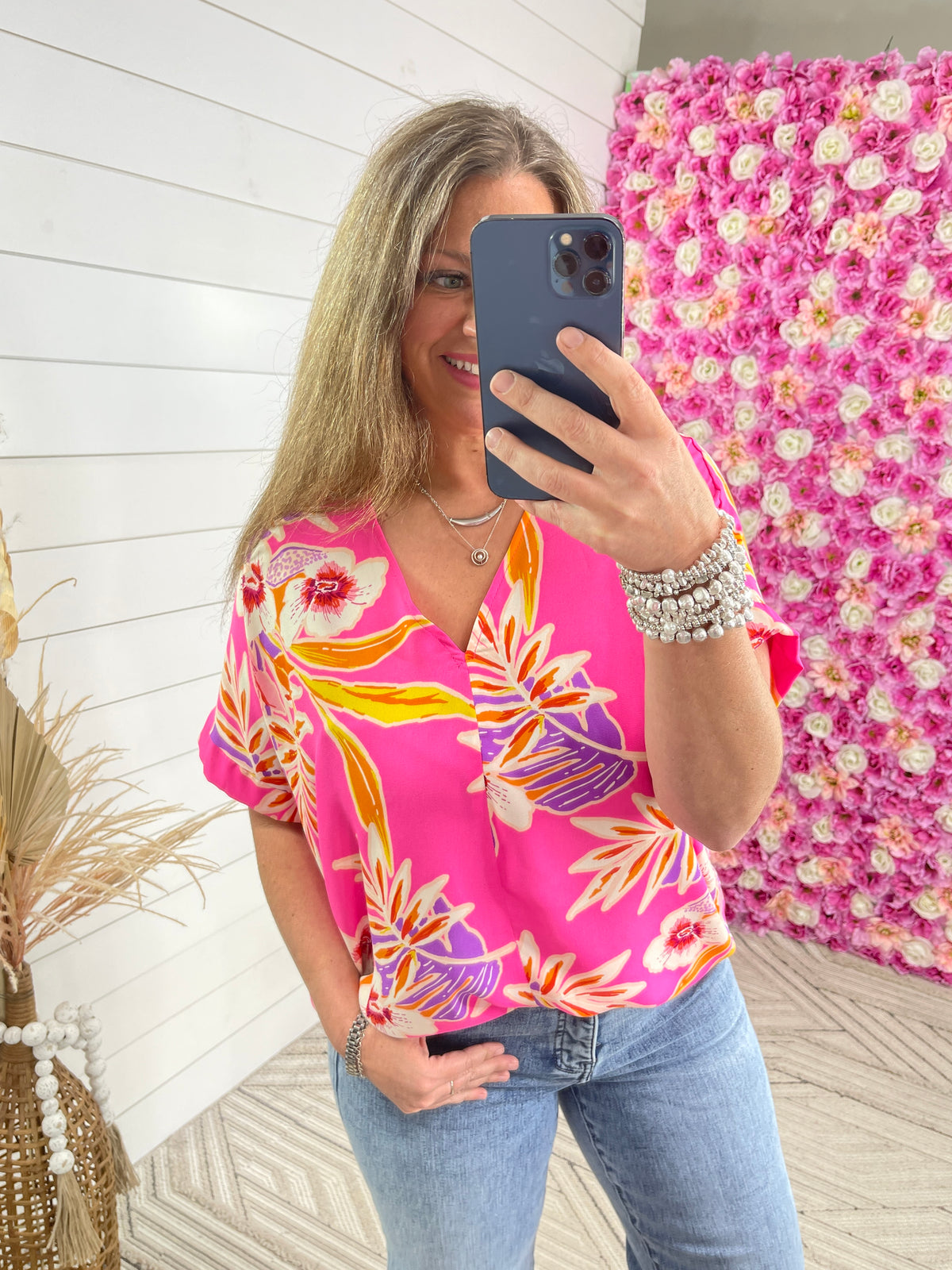 NEON PINK TROPICAL FLORAL TOP