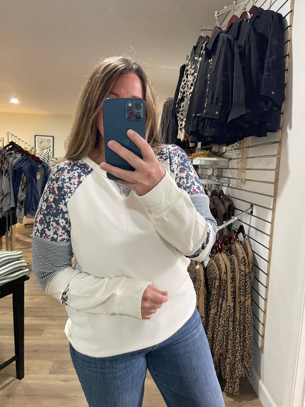 Ivory/Blue Floral Print And Stripe Blocked, Long Sleeve Waffle Top