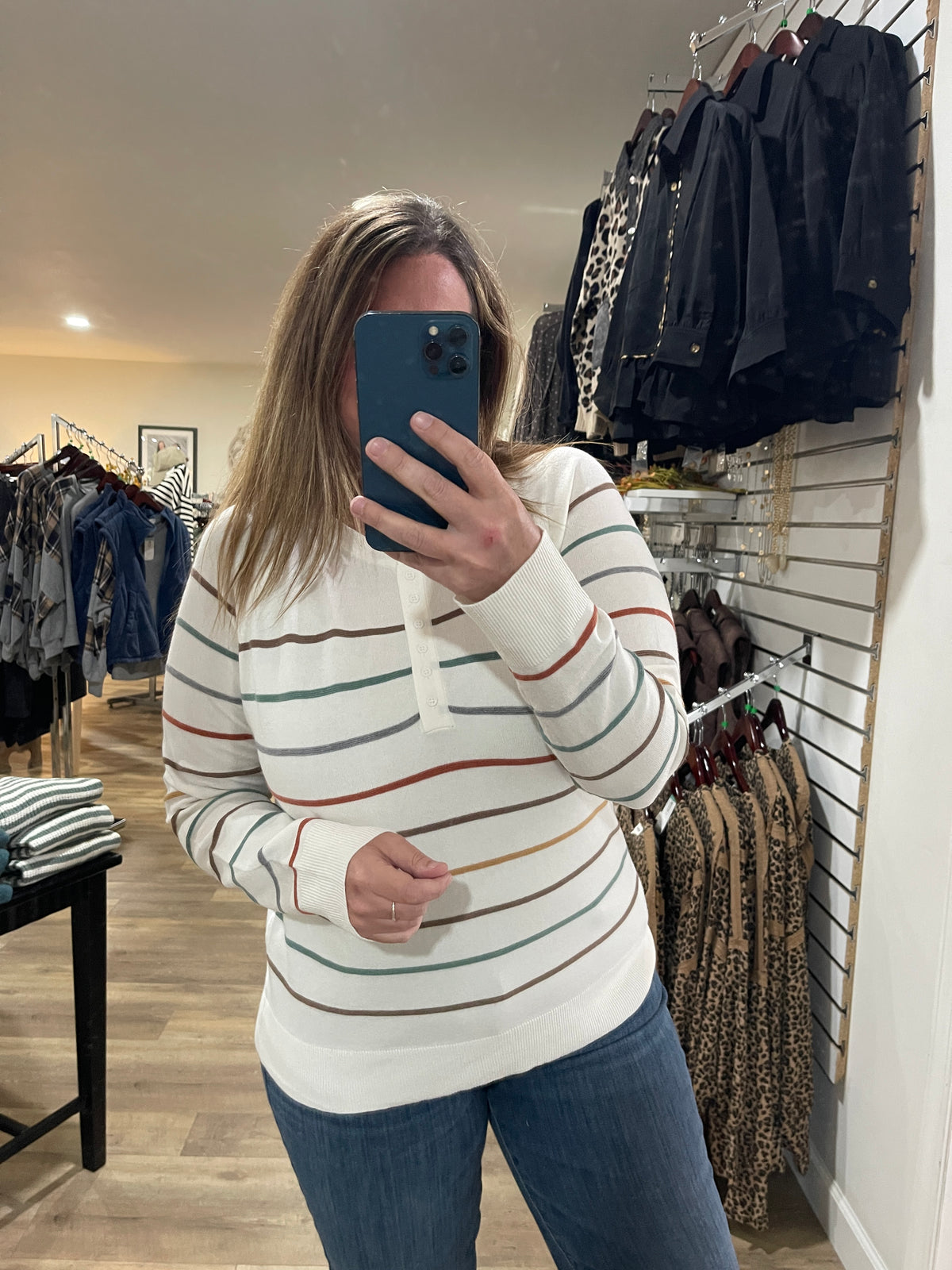 Ivory Multi Color Stripe Half Buttons Raglan Sleeve Pullover Knit