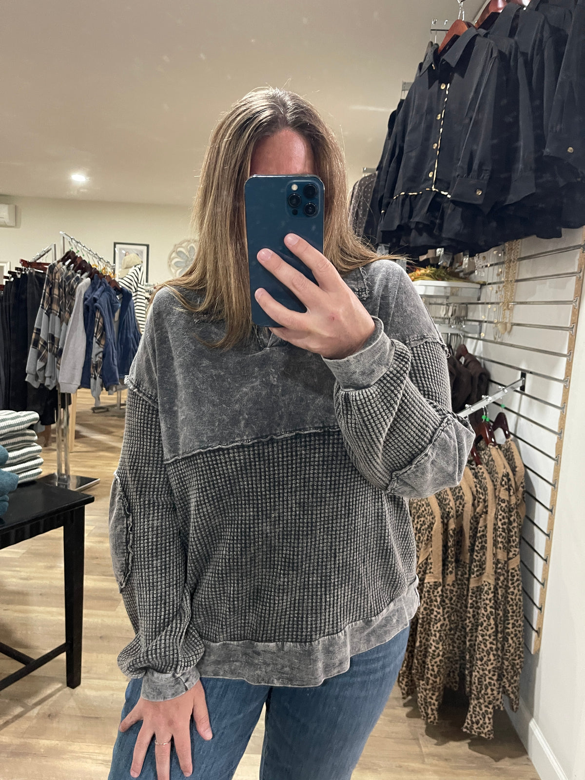 ASHED BLACK MINERAL WASH CONTRAST KNIT TOP