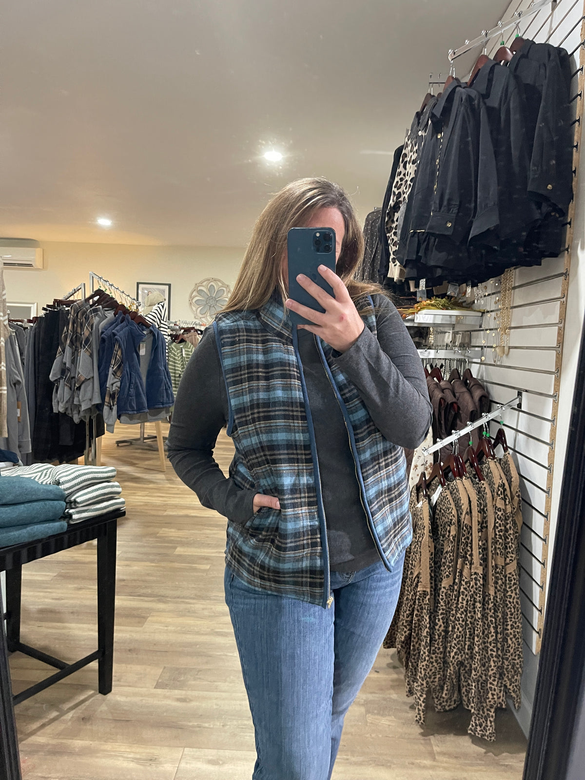 BLUE Contrast Binding, Zip Up Front, Plaid Puffer Vest