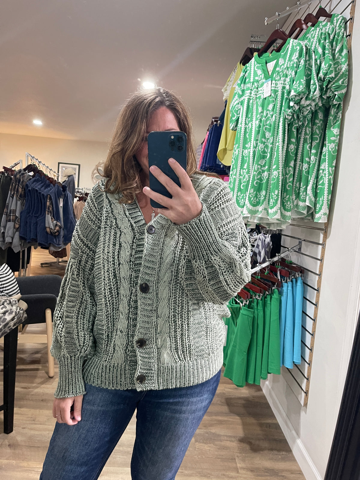 OLIVE CABLE KNIT BUTTON CARDIGAN