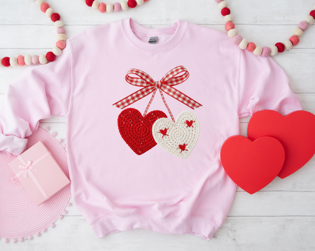 FAUX CROCHET HEART CHERRY GRAPHIC SHORT SLEEVE TEE