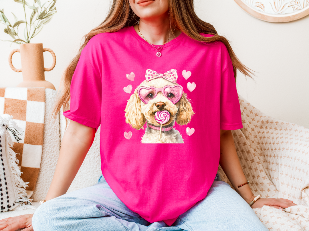 VALENTINE DOG  LOLLIPOP -HELICONIA SHORT SLEEVE TEES S-4XL- 34 BREEDS - EACH SHIRT COLOR HAS IT'S OWN LISTING