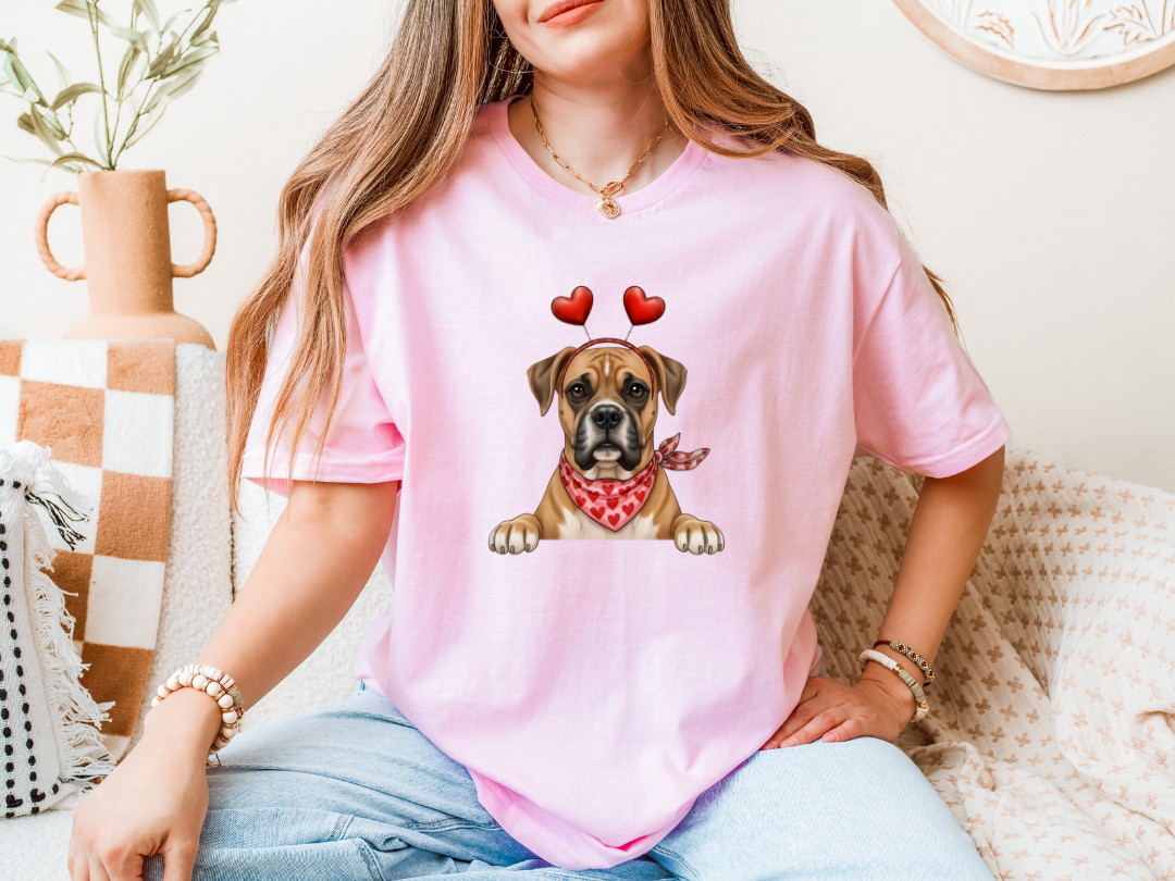 VALENTINE DOGS RED HEART HEADBAND - ** PINK SHORT SLEEVE TEE SHIRT S-3XL** 89 BREEDS- EACH SHIRT COLOR HAS IT'S OWN LISTING