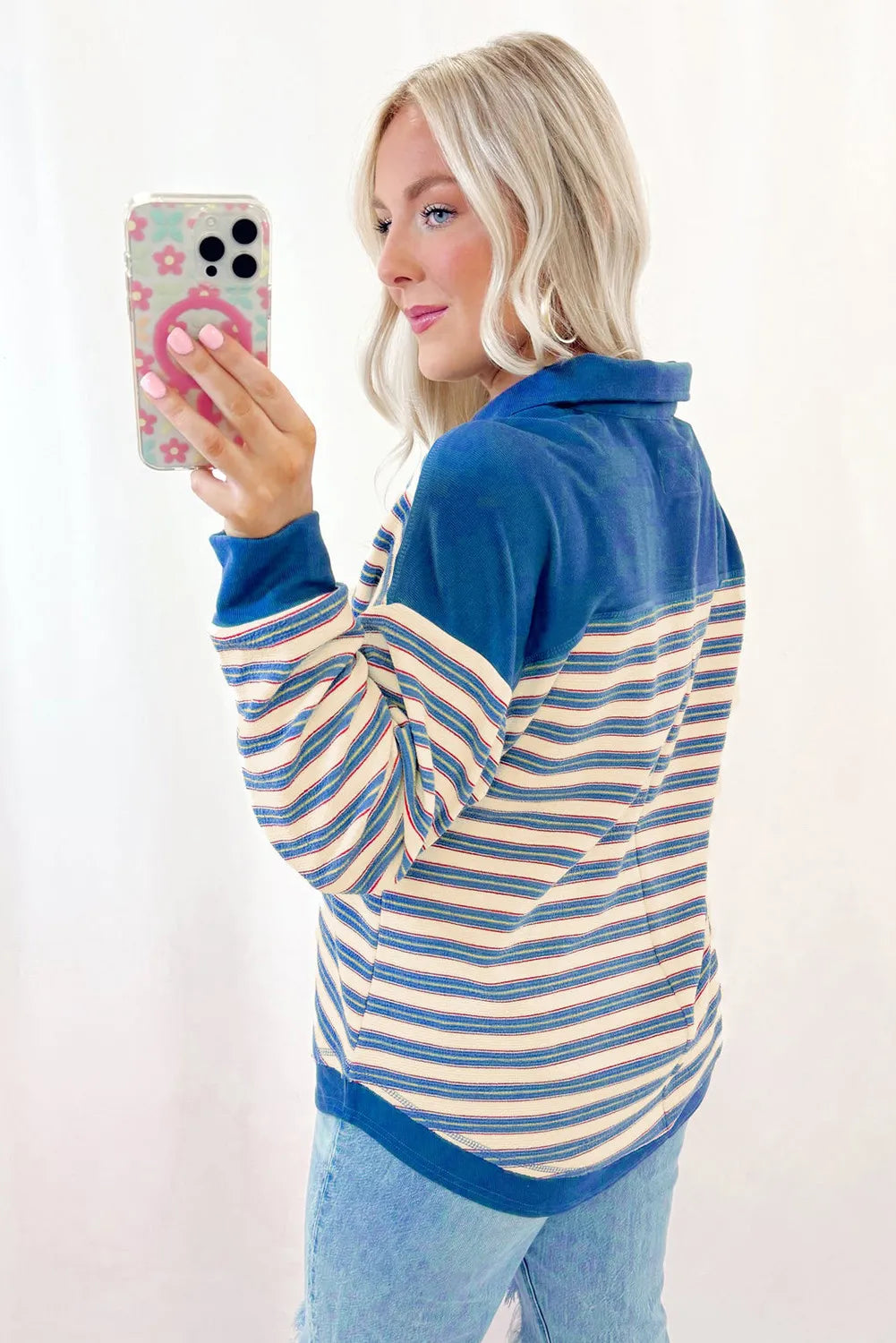 BLUE STRIPED V NECK COLLARED TOP