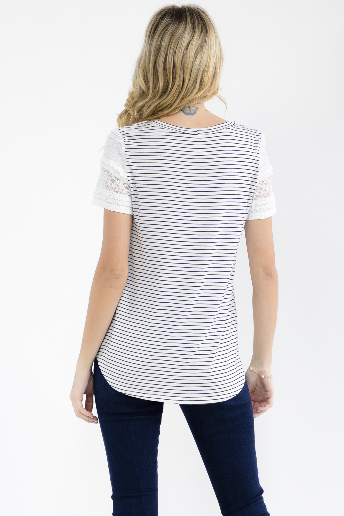 BLACK AND WHITE STRIPED KNIT TOP W/ LACE TRIM