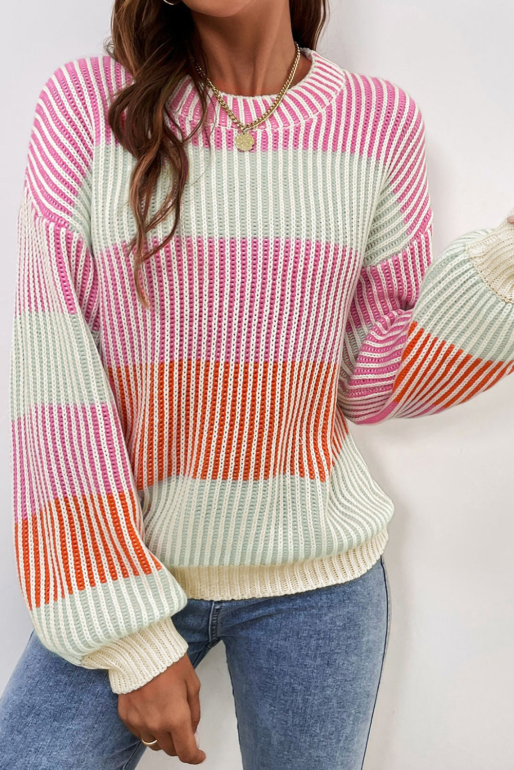 PINK COLORBLOCK TEXTURED KNIT SWEATER