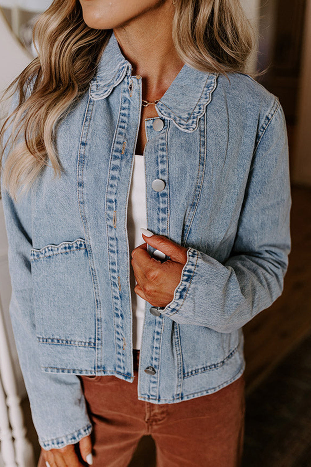 DENIM SCALLOPED TRIM BUTTON UP JACKET