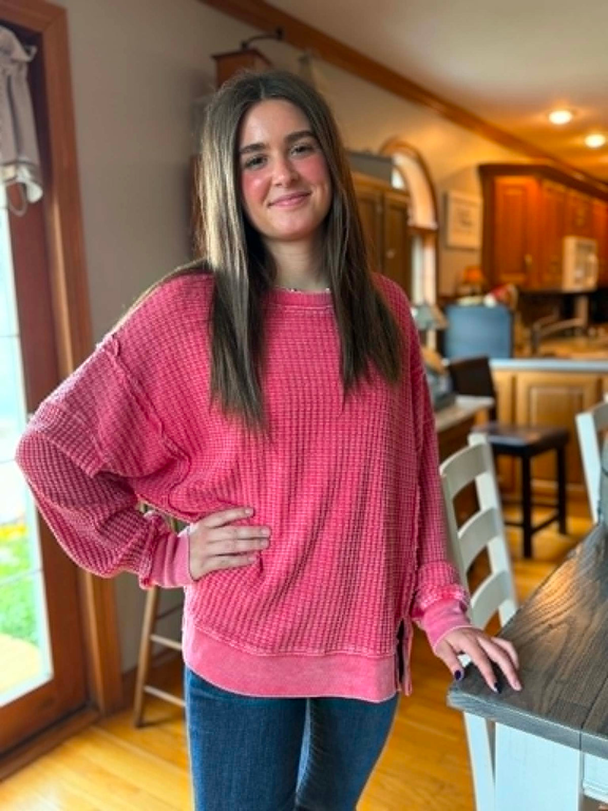 RED MINERAL WASH OVERSIZED WAFFLE KNIT TOP