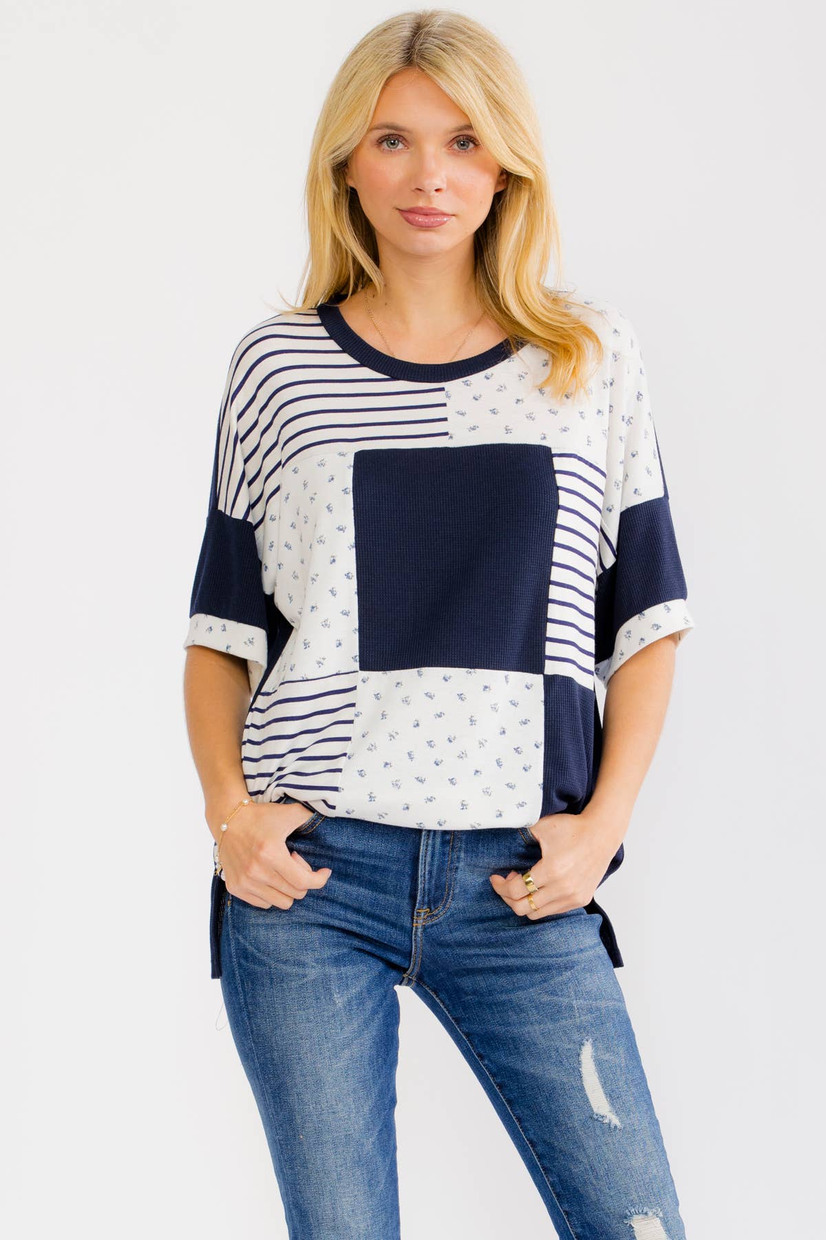 NAVY/WHITE PATCHWORK KNIT TOP