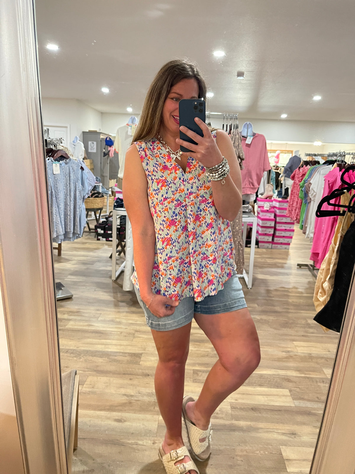 PINK/ORANGE SLEEVELESS FLORAL WOVEN TOP- FINAL SALE